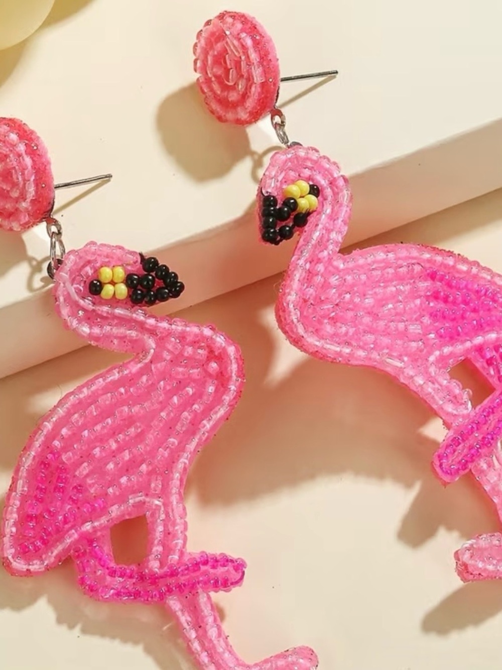 Glass Pink Beaded Flamingo Drop Earrings
